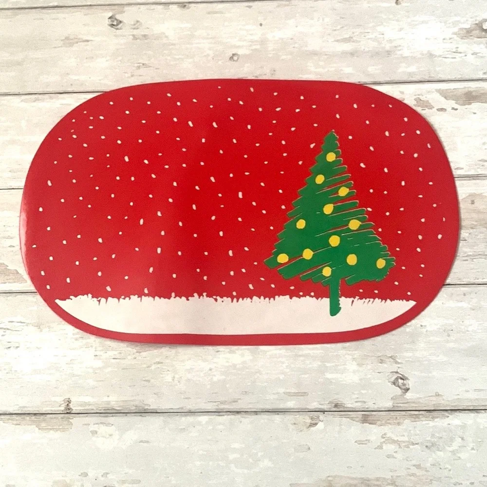 Vinyl Christmas Placemat Place Setting Table Decor Red Holiday Tree 17in x 11in
